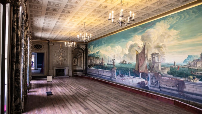 Landscape mural of Italian seaport showing a harbour scene in the dining room by Rex Whistler at Plas Newydd House & Gardens, Anglesey